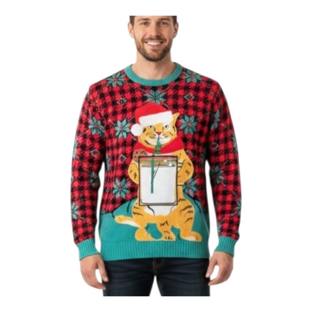 Celebrate Together Ugly Christmas Sweater L 3D Cat Drink Pouch Pocket Holiday